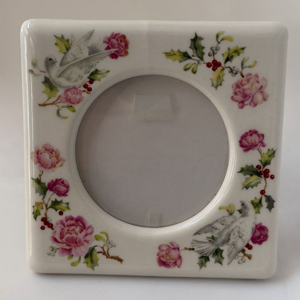 Vintage Ceramic Picture Frame Square Christmas Doves Holly Floral Japan 3” Round